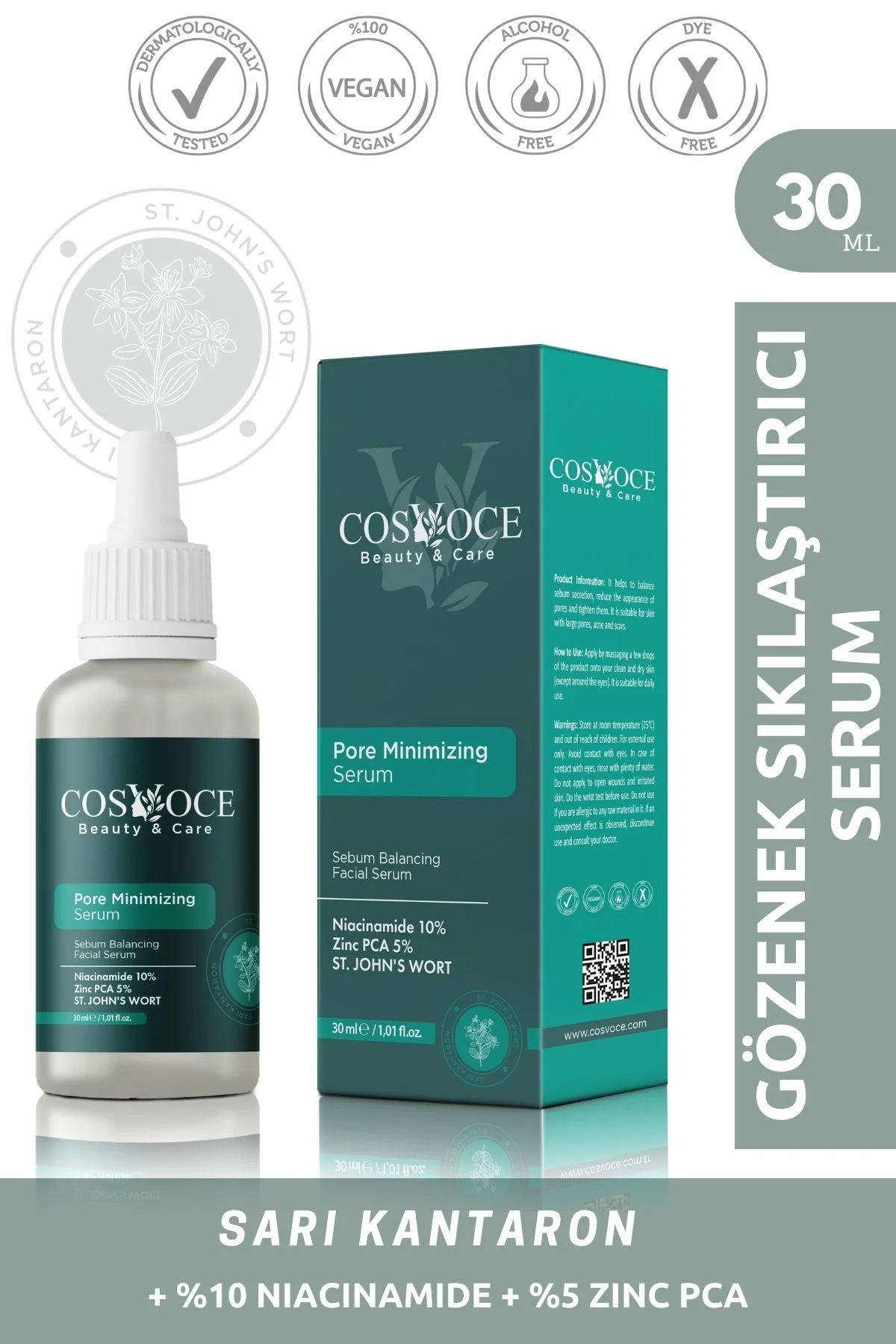 Cosvoce Gözenek Sıkılaşıtıcı Sebum Dengeleyici Cilt Bakım Serumu 30 ml ( Niacinamide %10 + Zinc PCA %5 )
