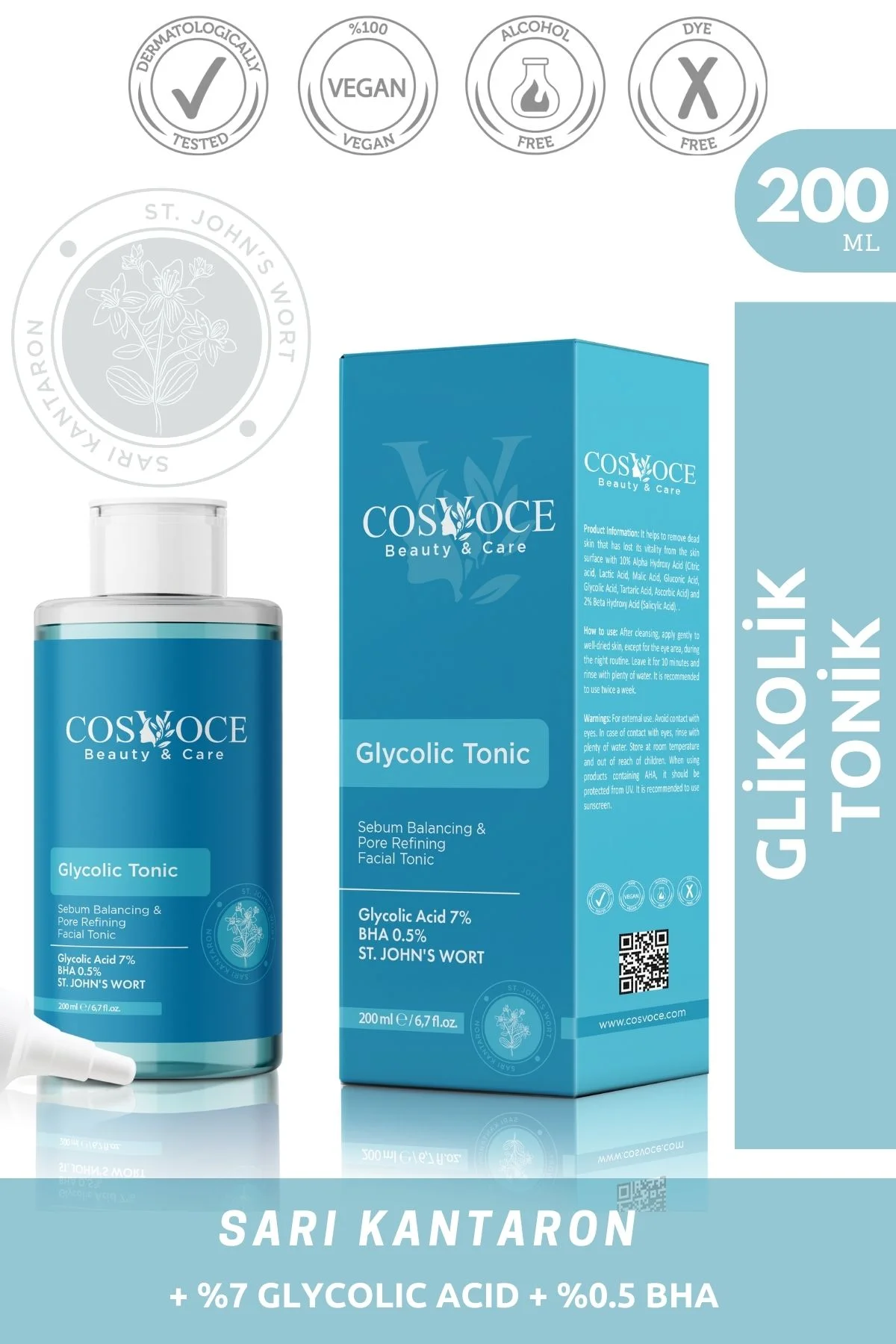 Cosvoce Canlandırıcı ve Gözenek Sıkılaştırıcı Glikolik Asit Tonik 200 ml (Glyolic Asid %7)