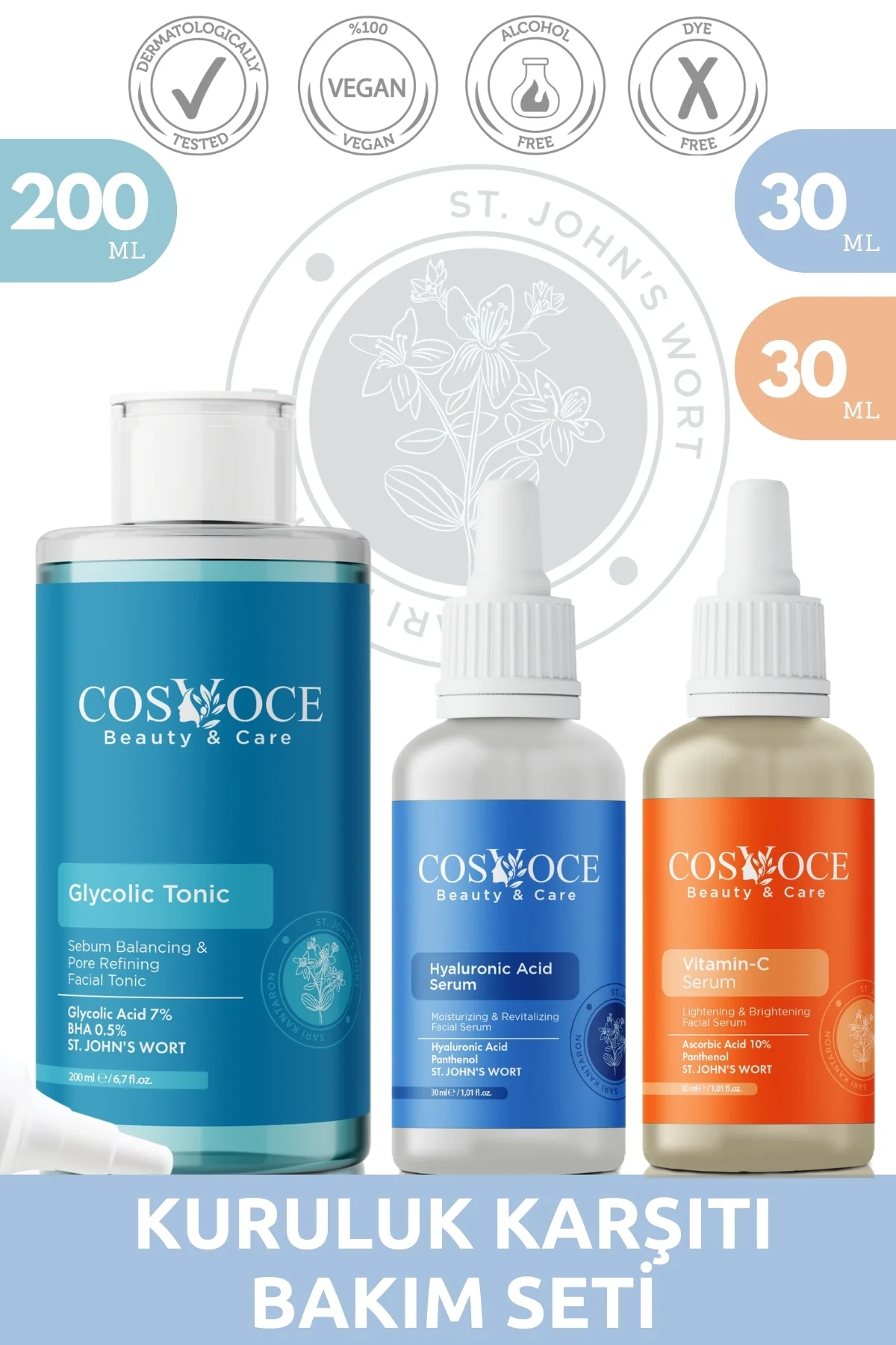 Kuruluk Karşıtı Bakım Seti Gylcolic Acid, BHA, Hyaluronic Acid, Vitamin C 200 ml + 30 ml + 30 ml