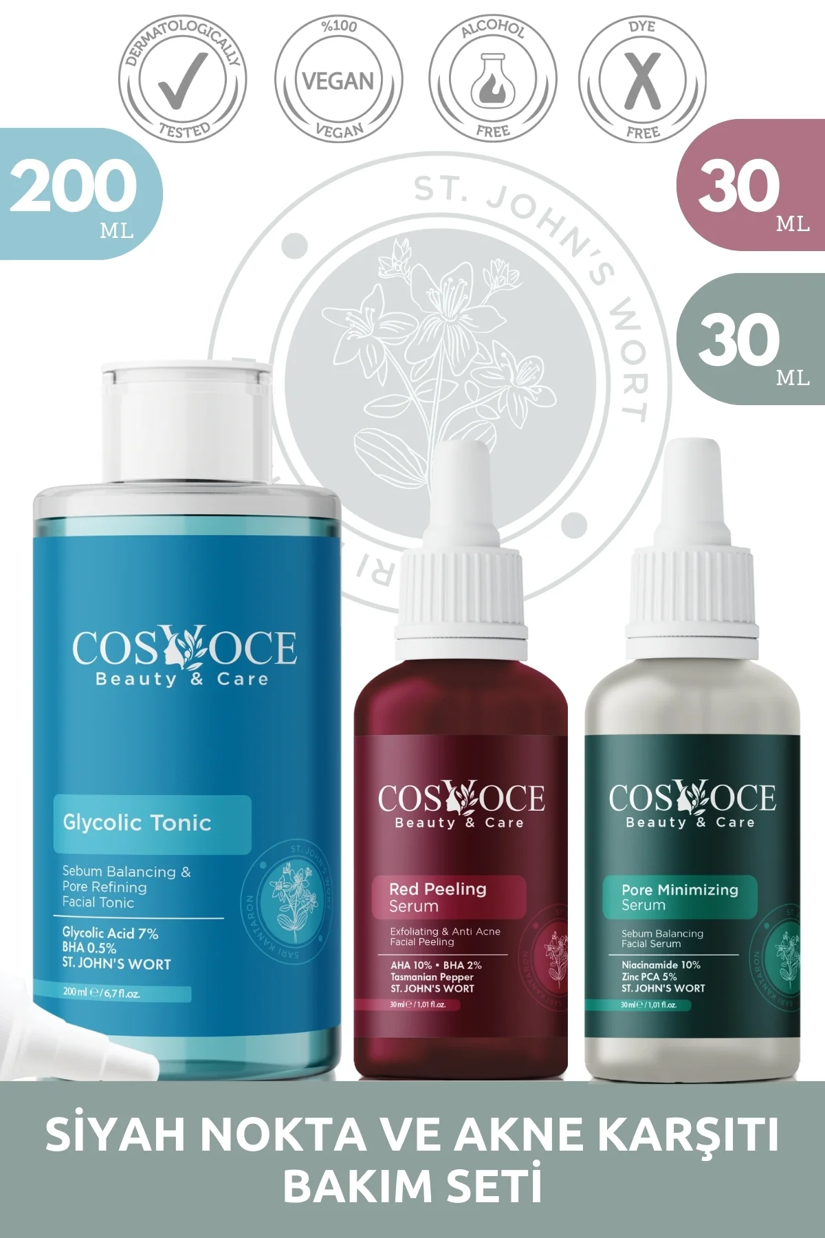 Sivilce ve Siyah Nokta Karşıtı Bakım Seti Gylcolic Acid, AHA, BHA, Niacinamide, Zinc PCA  200 ml + 30 ml + 30 ml