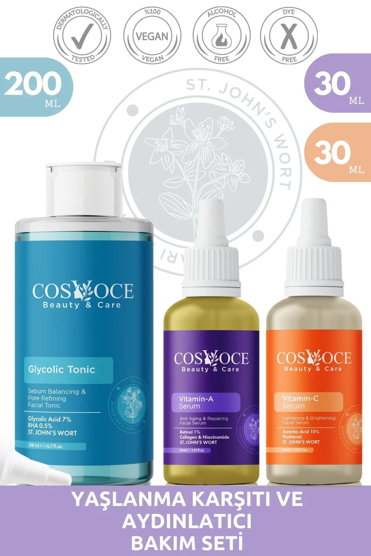 Yaşlanma Karşıtı ve Aydınlatıcı Bakım Seti Gylcolic Acid, Vitamin A, Collagen, Retinol 200 ml + 30 ml + 30 ml