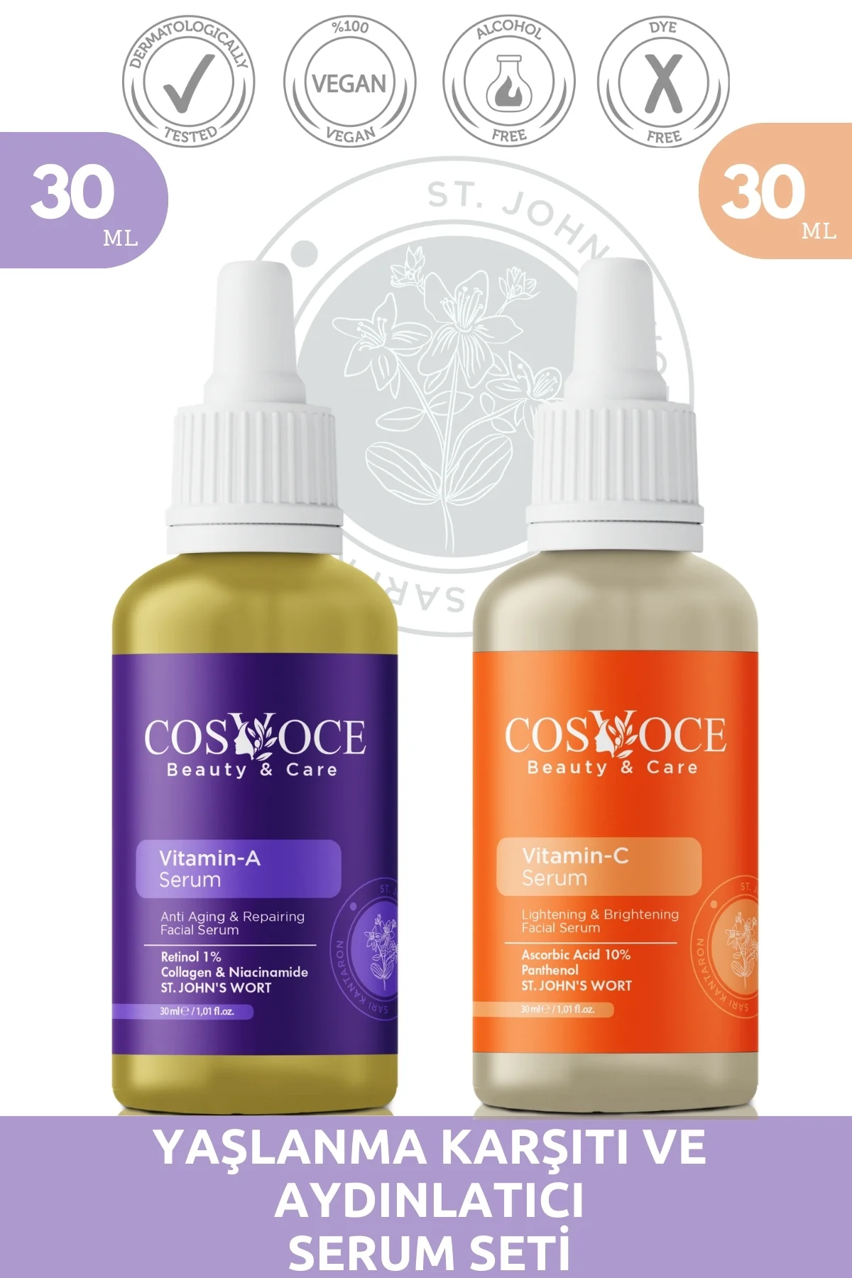 Yaşlanma Karşıtı ve Aydınlatıcı Serum Seti Vitamin A, Collagen, Retinol 30 ml + 30 ml